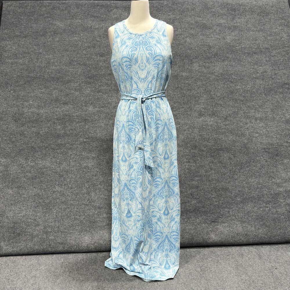 J McLaughlin Dress Womens Large Blue White Paisley Maxi Sleeveless Belted
